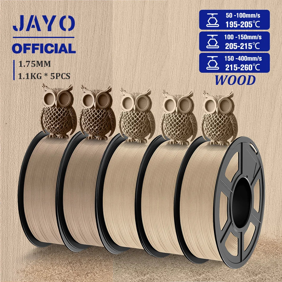 JAYO Wood PLA Filament 1.75mm 5Rolls 15% Real Wood Fiber 3D Filament For FDM 3D Printers