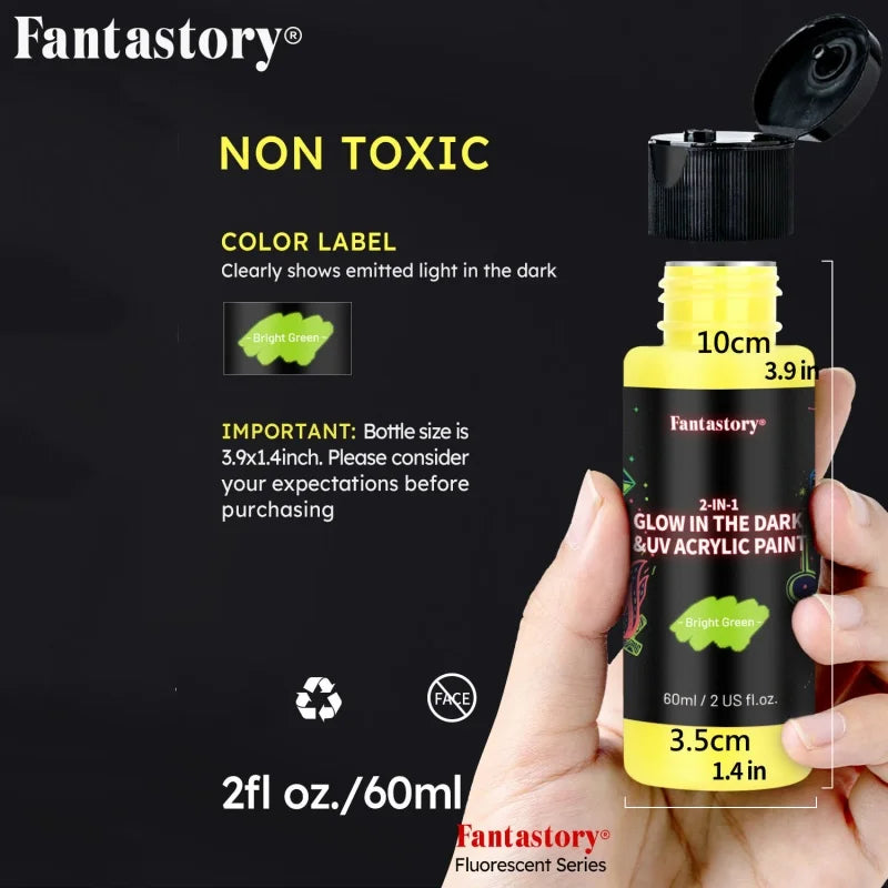 Fantastory 10PCS 2-in-1 Glow in the Dark Acrylic Paint Set, 60ml/2oz Waterproof for Wood, Fabric