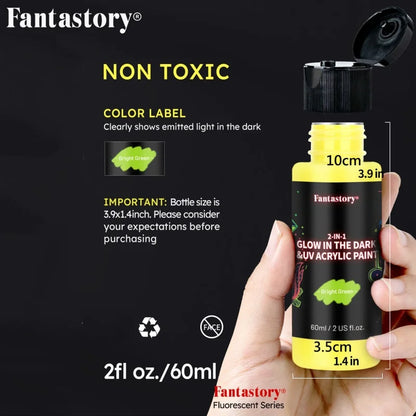 Fantastory 10PCS 2-in-1 Glow in the Dark Acrylic Paint Set, 60ml/2oz Waterproof for Wood, Fabric