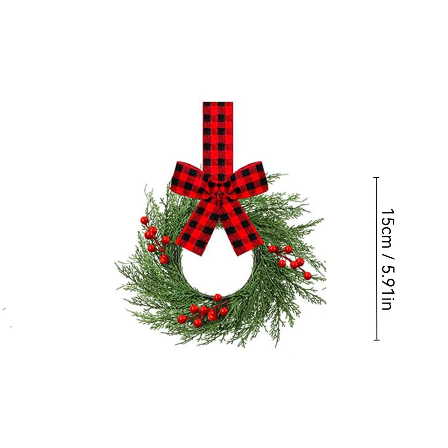 6pcs Holiday Decoration Red Plaid Ribbon Wreath Christmas Door Hanging Green Branch Wreath Set Red Berry