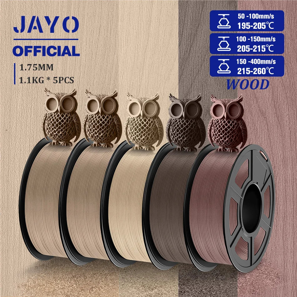 JAYO Wood PLA Filament 1.75mm 5Rolls 15% Real Wood Fiber 3D Filament For FDM 3D Printers