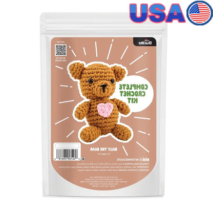 Amigurumi Complete Crochet Kit Billy the Bear Plush Yarn Hook Needle Stuffing Video Tutorial Instructions