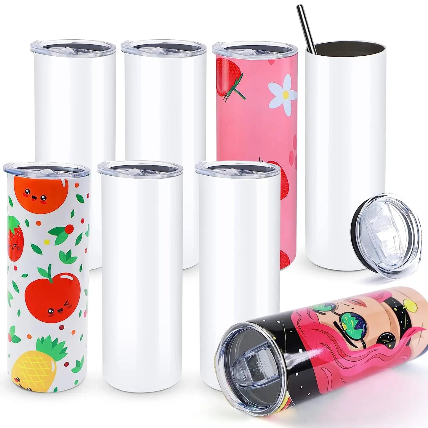 HTVRONT 8pcs Stainless 20 OZ Sublimation Tumblers Skinny Straight Blank DIY Mugs Cups with Sublimation Papers