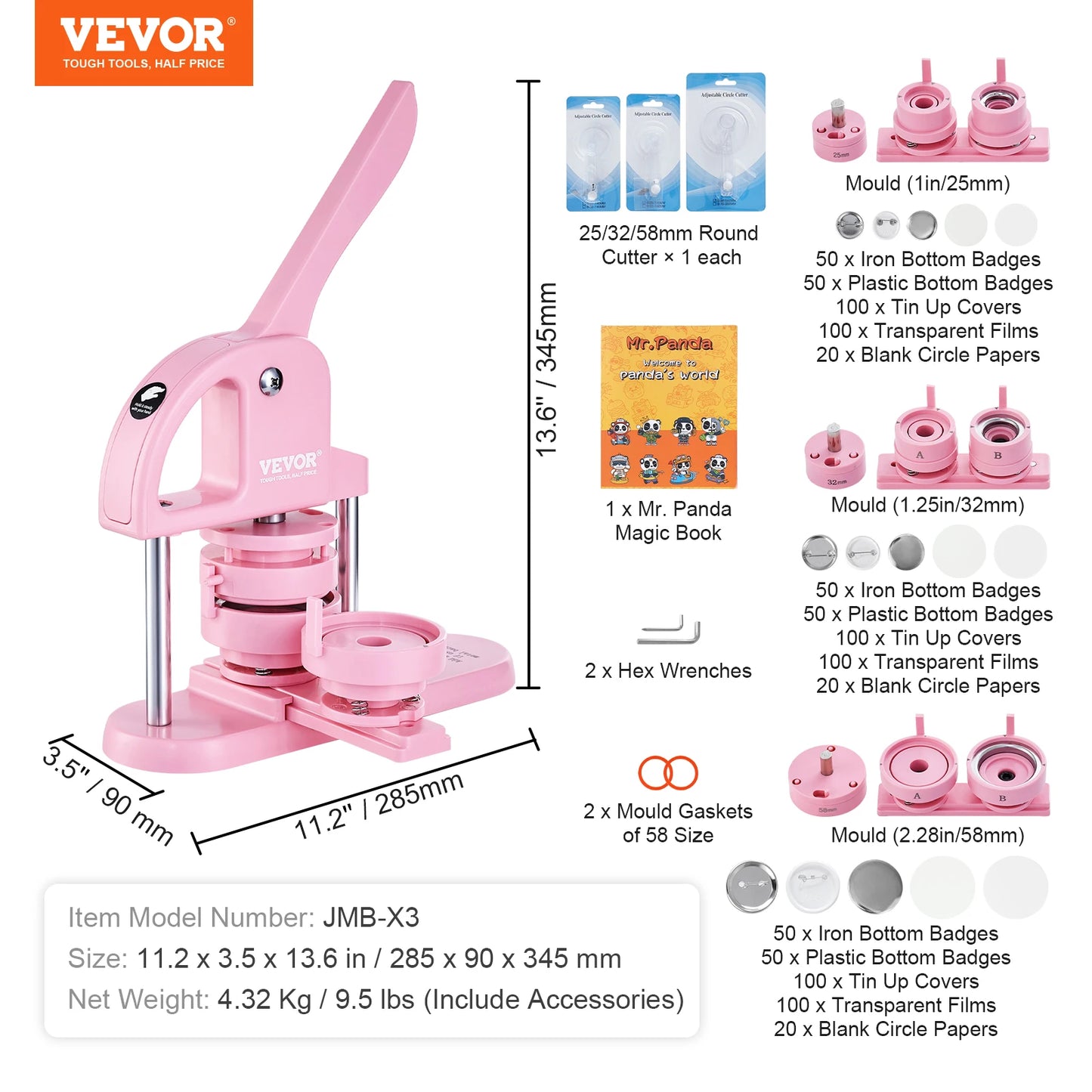 SucceBuy 3-IN-1 Button Maker Machine with Panda Magic Book Ergonomic Arc Handle Punch Press Kit