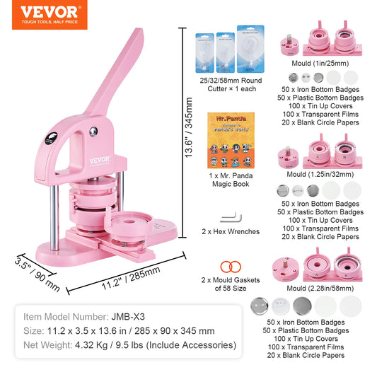 SucceBuy 3-IN-1 Button Maker Machine with Panda Magic Book Ergonomic Arc Handle Punch Press Kit