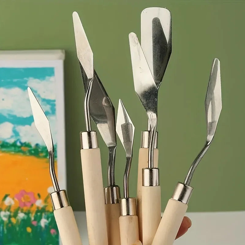 Art Oil Painting Scraper Wooden Flat Head Stainless Steel Pick Knife Gouache Paint Pointed Color Mixing Spatula