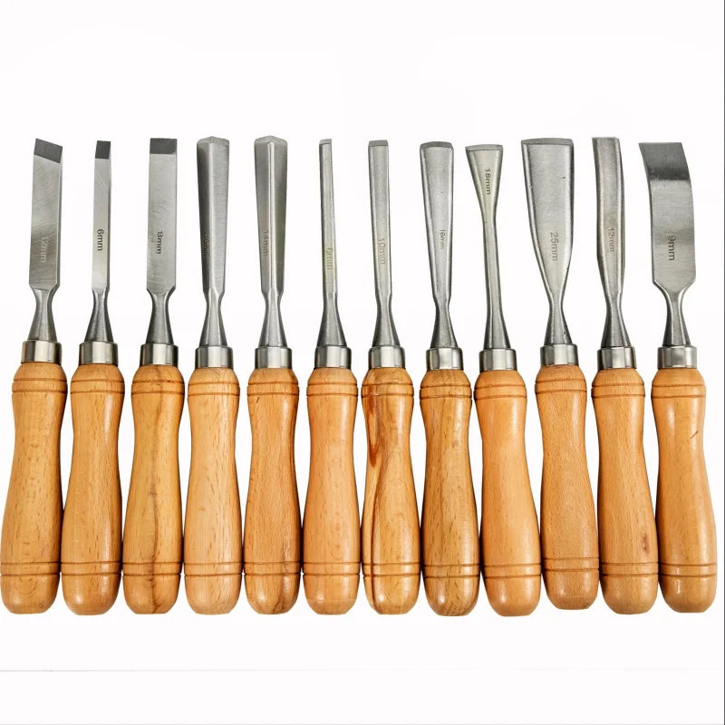 KFFKFF Wood Chisel Sets 12 pcs Hand Chisel 3-3/4 inch Blade Length, with Red Eucalyptus Handle