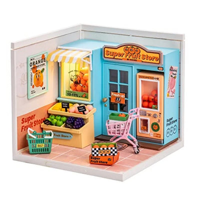 Robotime Mini Dollhouse DIY Miniature House Kit 1:20 Fruit Store Cafe Store Supply Store Kit with LED