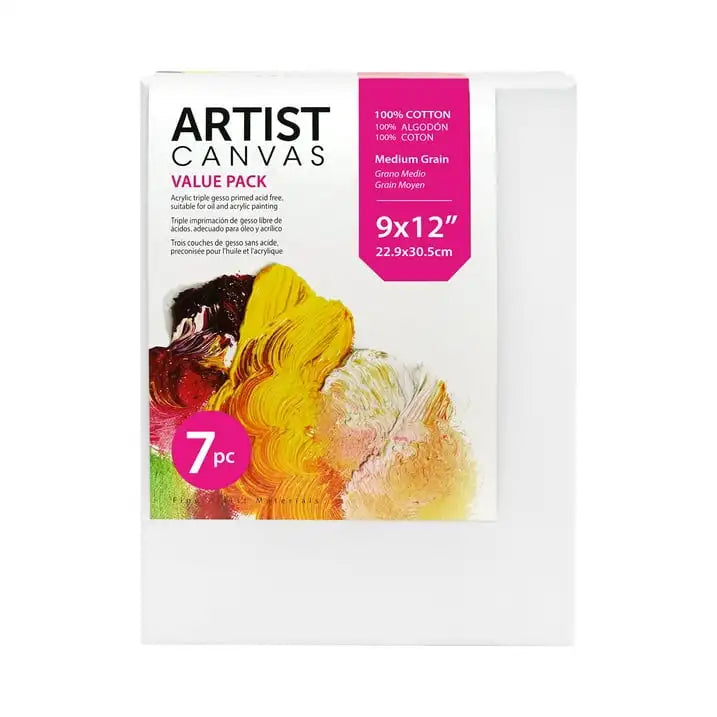 Studio Stretched Canvas, 9"X12", 7 Pack, 100% Cotton Acid Free, White
