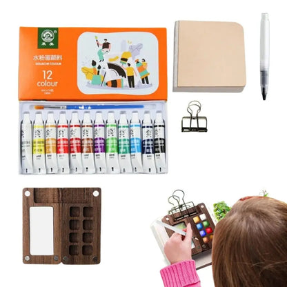 Travel Set Palette Sketch Book Watercolor Paints Pens with Binder Clips