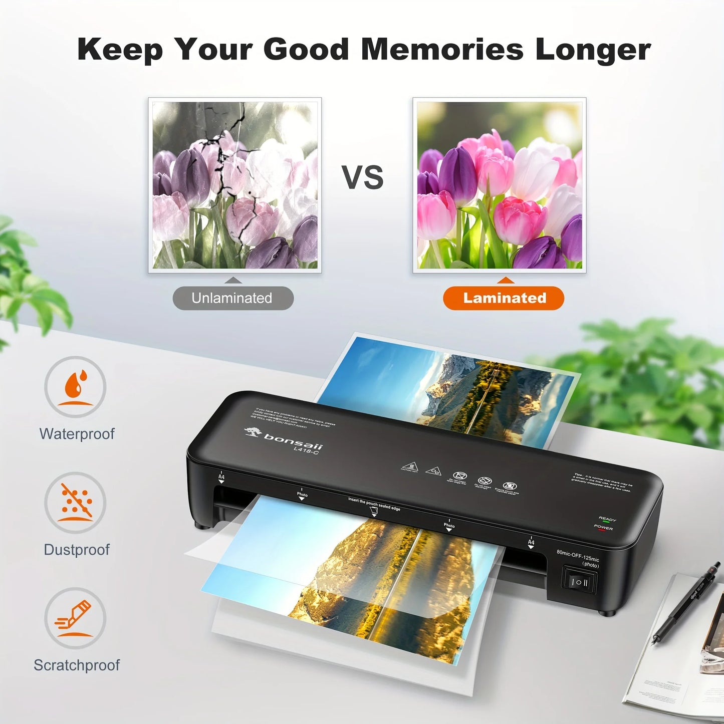 BONSAII 9" 4-in-1 Laminator with Never Jam Tech, Ideal for Docs & Photos - Includes 40 Sheets