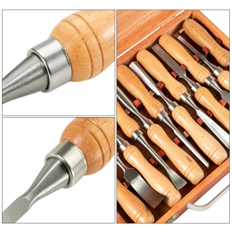 KFFKFF Wood Chisel Sets 12 pcs Hand Chisel 3-3/4 inch Blade Length, with Red Eucalyptus Handle