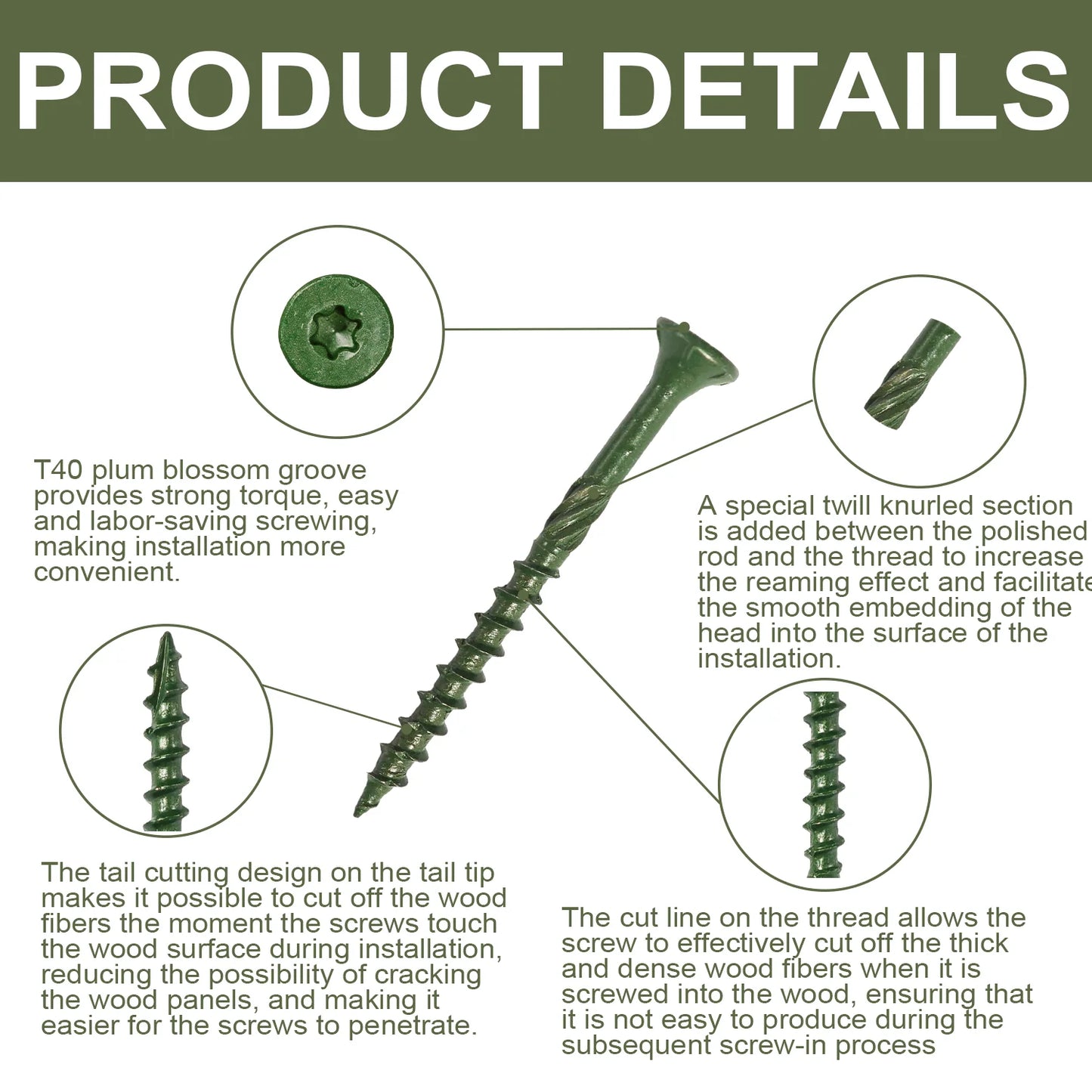 Deck Wood Screws Carbon Steel Green Anti Rust Coating TORX Star Drive Threaded - Free T25  (3 Sizes: #10x3", 8x1.5", 8x2" )