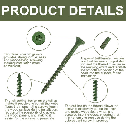 Deck Wood Screws Carbon Steel Green Anti Rust Coating TORX Star Drive Threaded - Free T25  (3 Sizes: #10x3", 8x1.5", 8x2" )
