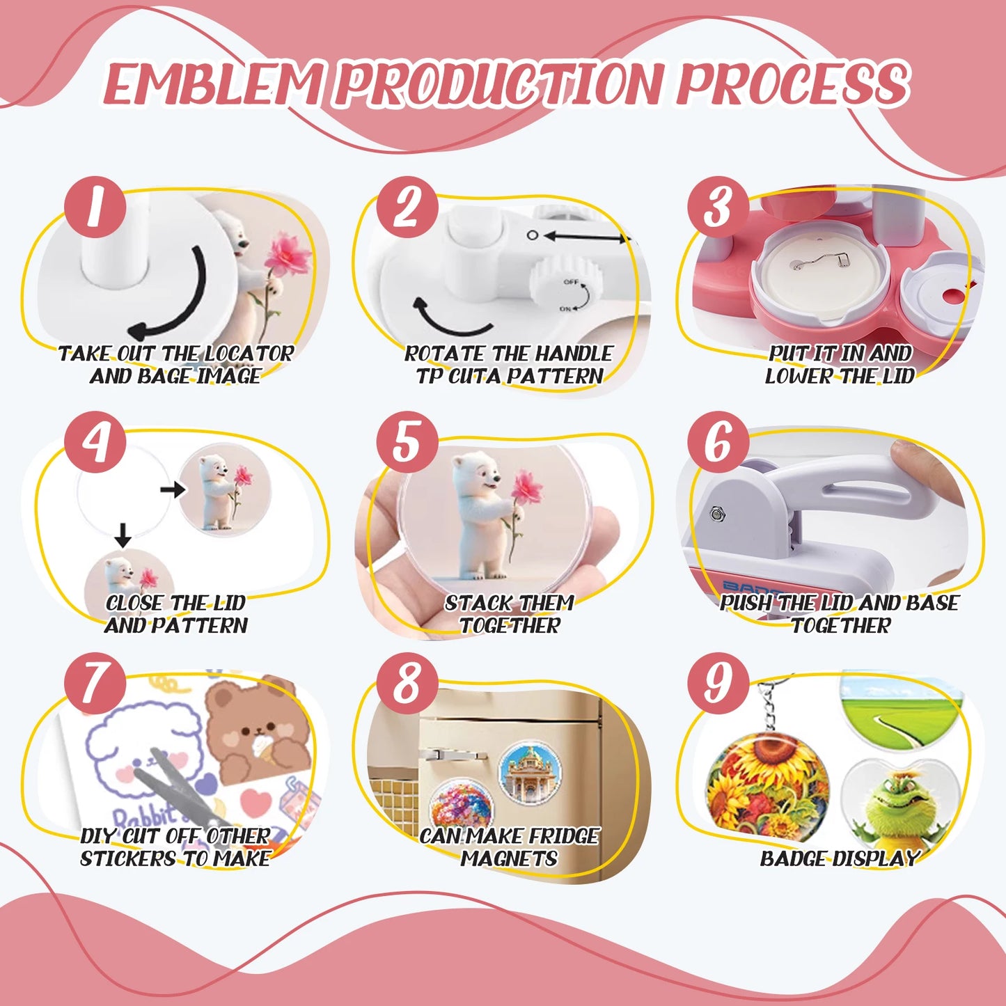 Button Maker Machine Installation-Free DIY Button Pin Maker Badge Press Pink