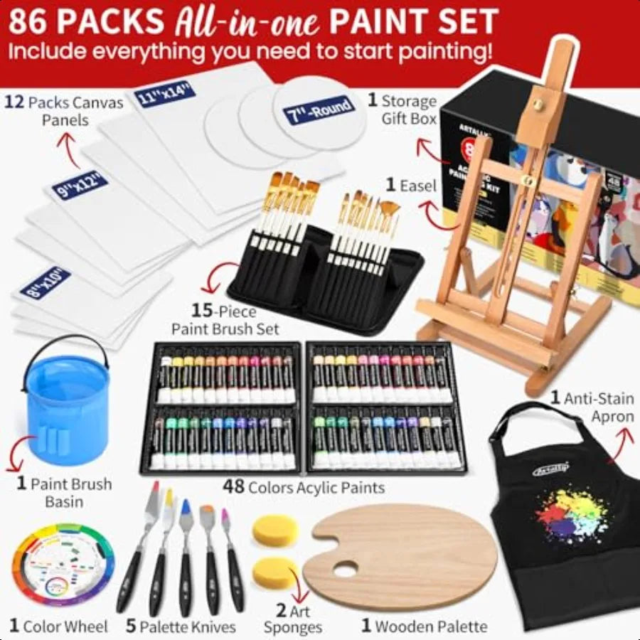 86Piece Acrylic Painting Kit with Tabletop Easel 48 Colors Set Paint Brush Set Case Brush Basin Art Apron