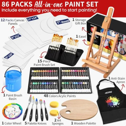 86Piece Acrylic Painting Kit with Tabletop Easel 48 Colors Set Paint Brush Set Case Brush Basin Art Apron