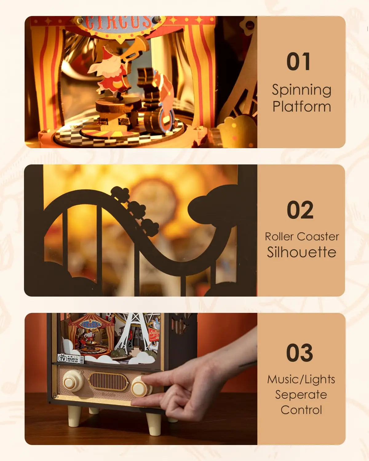 Robotime Rolife Sunset Carnival Music Boxes with Lights Ferris Wheel Luxu Design 3D Wooden Puzzle