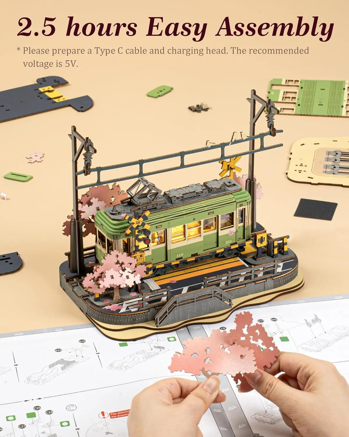 Robotime 3D Puzzles Sakura Journey DIY Model Building Toy with LED Light Wooden Craft Kits Tram