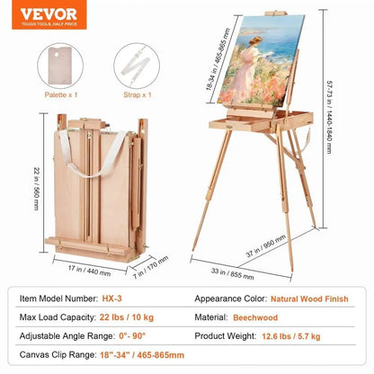 French Easel Canvas Holder 34 Beechwood Foldable Sketchbox Easel with Drawer