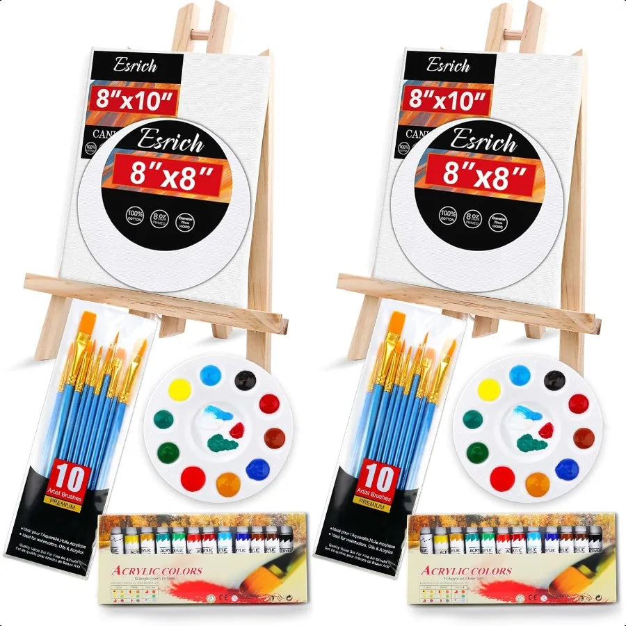 Acrylic Paint Canvas Set52 Piece Painting plies Kit with 2 Wood Easel 2 12Colors 2 10 Brushes Circular Canvas