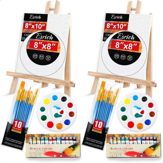 Acrylic Paint Canvas Set52 Piece Painting plies Kit with 2 Wood Easel 2 12Colors 2 10 Brushes Circular Canvas