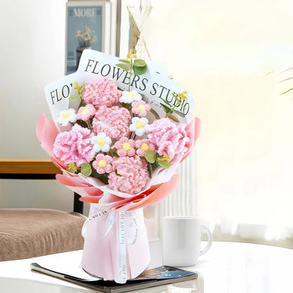 Crochet Flowers Bouquet, Eternal Carnation with Eucalyptus Leaves Artificial Handmade Knitted Bouquet