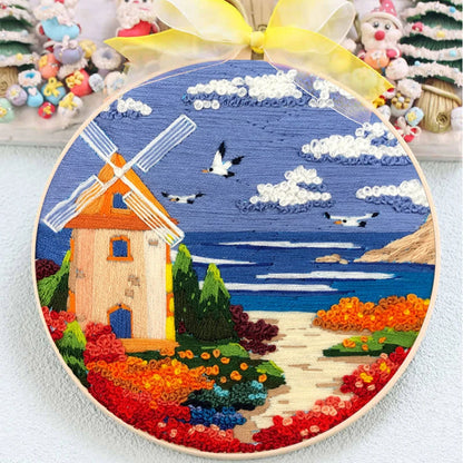 Landscape Stamped Cross Stitch Embroidery Kits with Hoop Cloth Color Thread