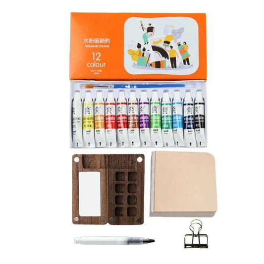 Travel Set Palette Sketch Book Watercolor Paints Pens with Binder Clips