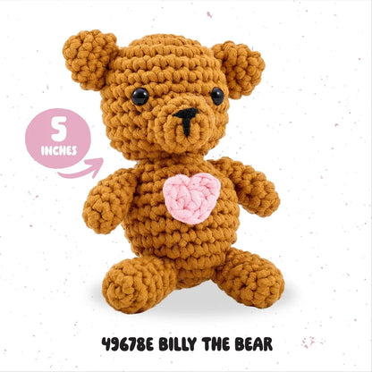 Amigurumi Complete Crochet Kit Billy the Bear Plush Yarn Hook Needle Stuffing Video Tutorial Instructions