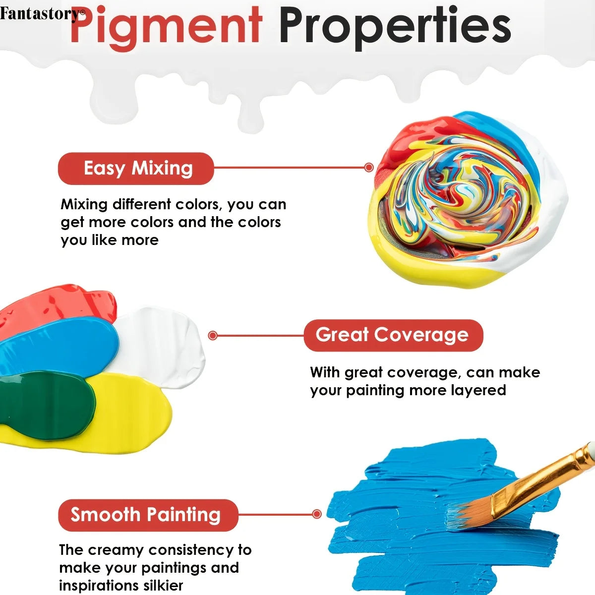 Fantastory 60ml Acrylic Paint Set, Professional Craft Paint With 12 Brushes, Glass/Stone/Wood Painting