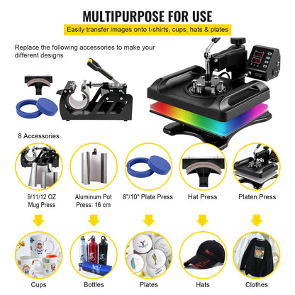 SucceBuy 30*38CM 8 in 1 Combo Upgrade Heat Press Machine 360° Rotation Sublimation Printer