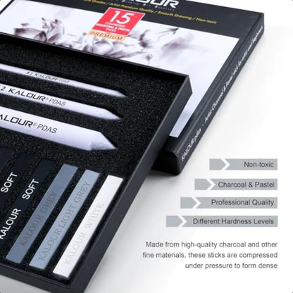 15 Pro Compressed Charcoal Drawing Set with Blending Stumps Soft Medium Hard and White Charcoal Sticks
