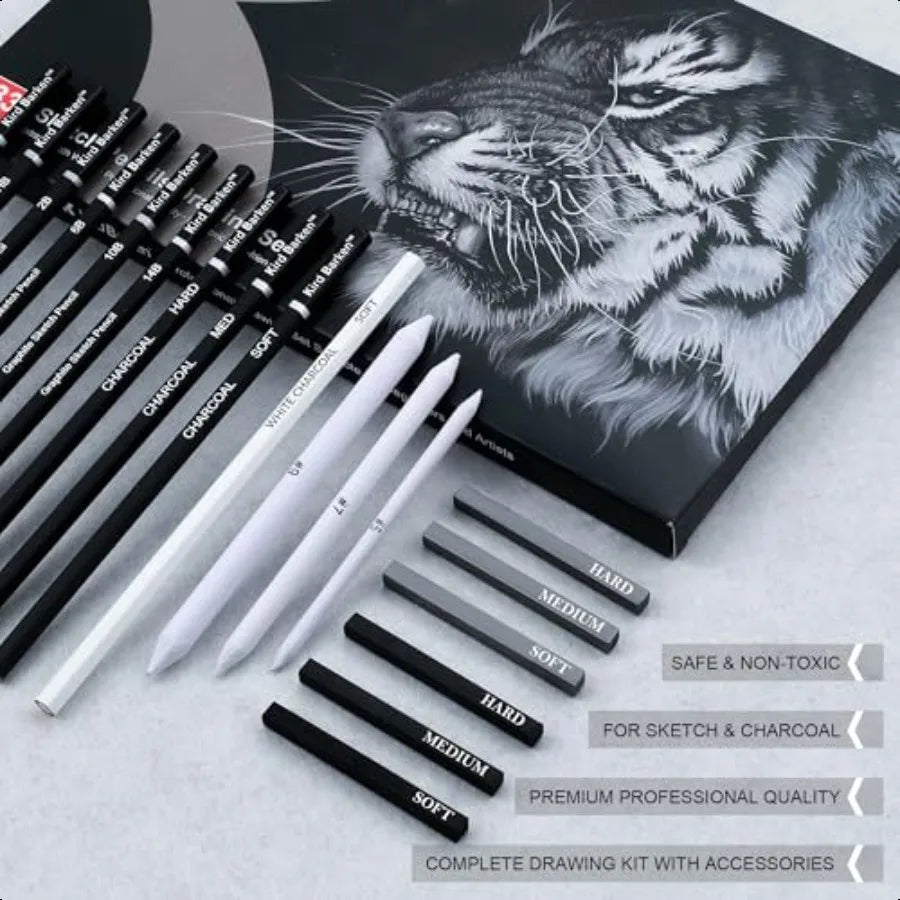 33 Piece Sketching Pencil Set 5H to 14B Pencils Charcoal Pencils Charcoal Sticks Graphite Sticks