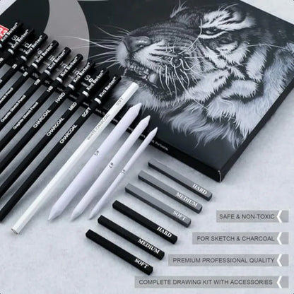 33 Piece Sketching Pencil Set 5H to 14B Pencils Charcoal Pencils Charcoal Sticks Graphite Sticks