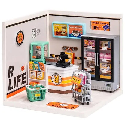 Robotime DIY Miniature Dollhouse Kit with Accessories Model Supply Store Kit with LED