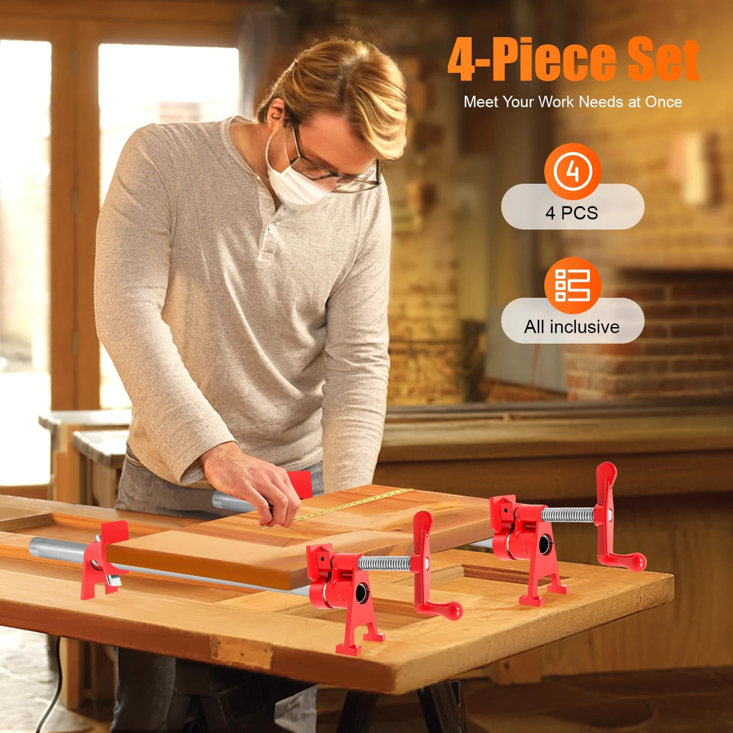 Wood Gluing Pipe Clamp Set for Woodworking Cast Iron Red 4 Pieces Countertop Painting Plastic Spraying 19cm Total Length