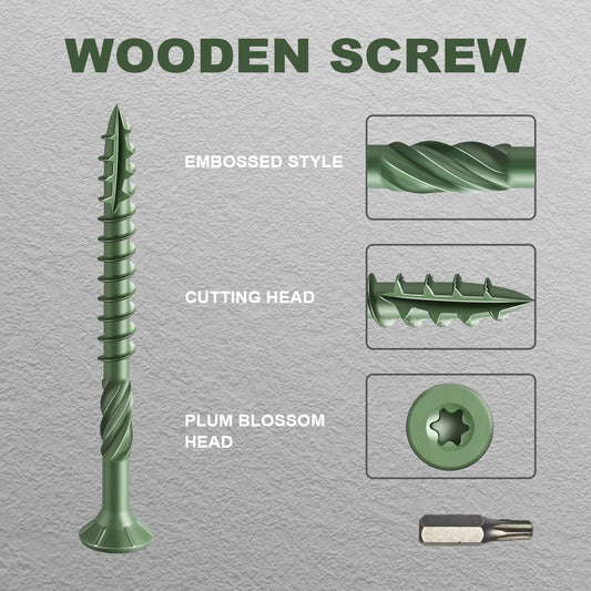 Deck Wood Screws Carbon Steel Green Anti Rust Coating TORX Star Drive Threaded - Free T25  (3 Sizes: #10x3", 8x1.5", 8x2" )