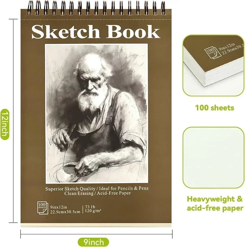 Sketchbook - 9"x12" spiral bound drawing board, 1 pack of 100 sheets, acid-free paper