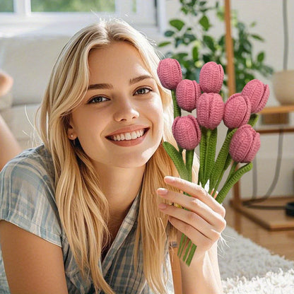 6Pcs Fake Tulips Flower Bouquet Crochet Flowers Handmade
