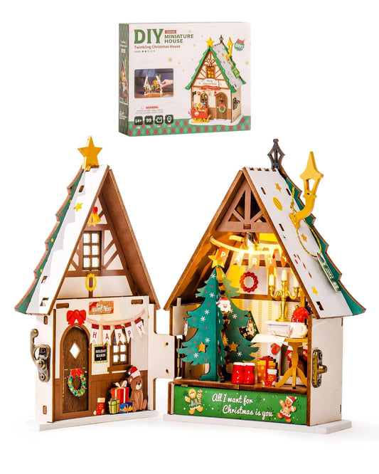 Rolife Miniature Wooden Dollhouse Collectible 3D Wooden Puzzle Home Decor Twinkling Christmas House