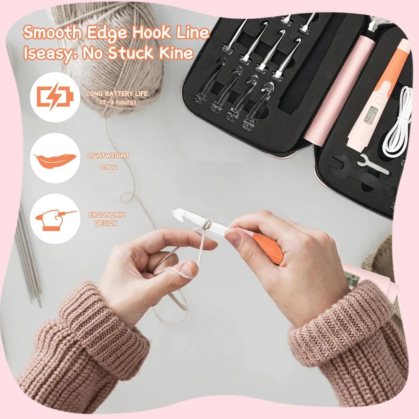 18PCS Crochet Hook Set With Counter Ergonomic Knitting Needles Kit Metal Interchangeable Head DIY Accessories Tool For Beginner