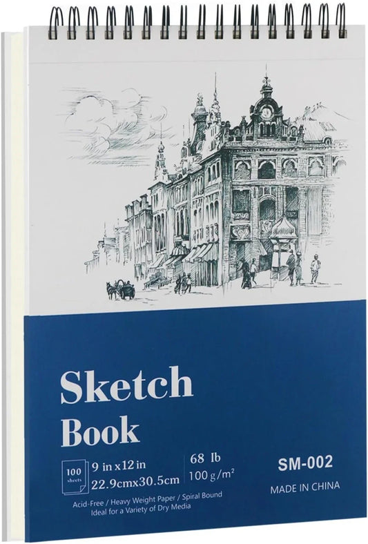 9" x 12" Hardcover Sketchbook, Top Spiral Bound, 100 sheets (68lb/100gsm) drawing paper pads