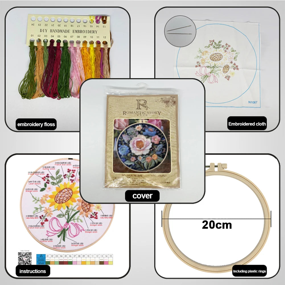 Flower Stamped Cross Stitch Embroidery Kits with Hoop Cloth Color Thread