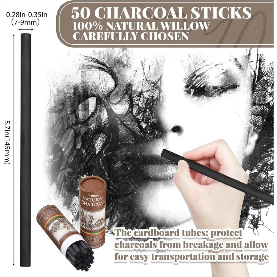Gueevin 50 Pcs Willow Charcoal Sticks Perfect for Sketching Drawing Shading and Fine