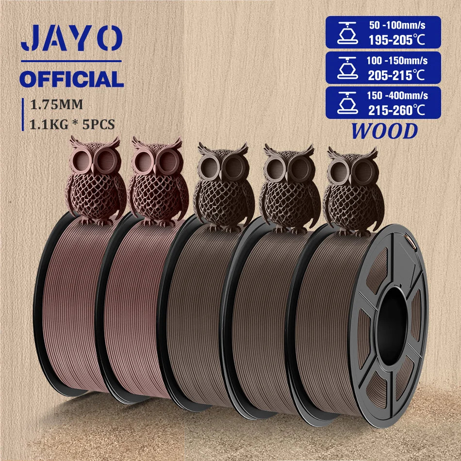 JAYO Wood PLA Filament 1.75mm 5Rolls 15% Real Wood Fiber 3D Filament For FDM 3D Printers