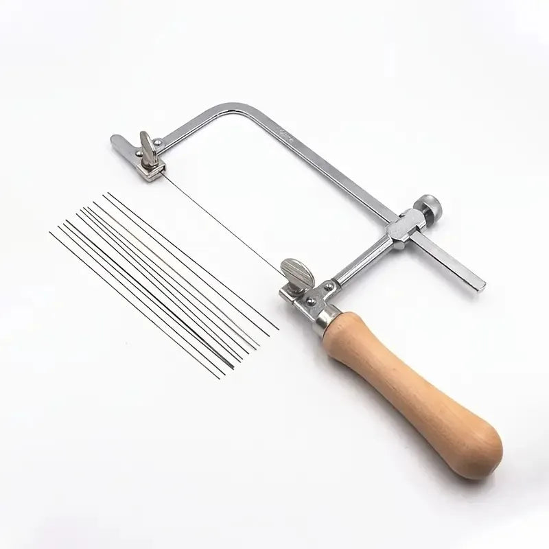 Professional jeweler saw set, adjustable U-shaped saw bow with 12 saw blades, handmade jeweler saw frame with wooden handle