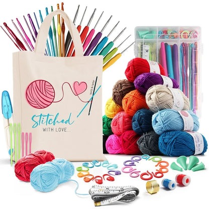 Crochet Craft Kit Beginners Premium Yarn Bundle with 15 Colors 75 Yards Each 21 Hooks Accessories Organizer Tote Bag