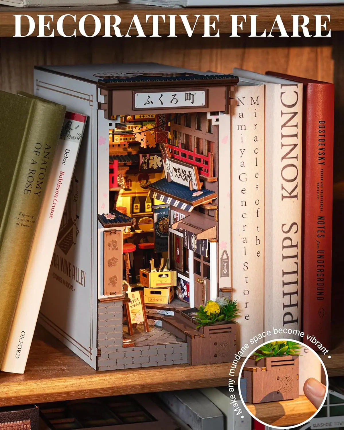Robotime Sakura Wine Alley Booknook with Lights DIY Miniature Dolls House Kit 3D Wooden Puzzle Bookend Bookshelf