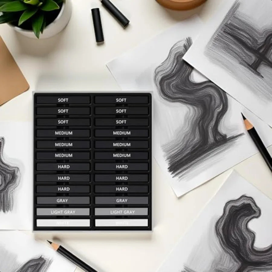 24 Pcs Compressed Charcoal Sticks with Soft Medium Hard and White Charcoal Square Vine Charcoal Stick Kit